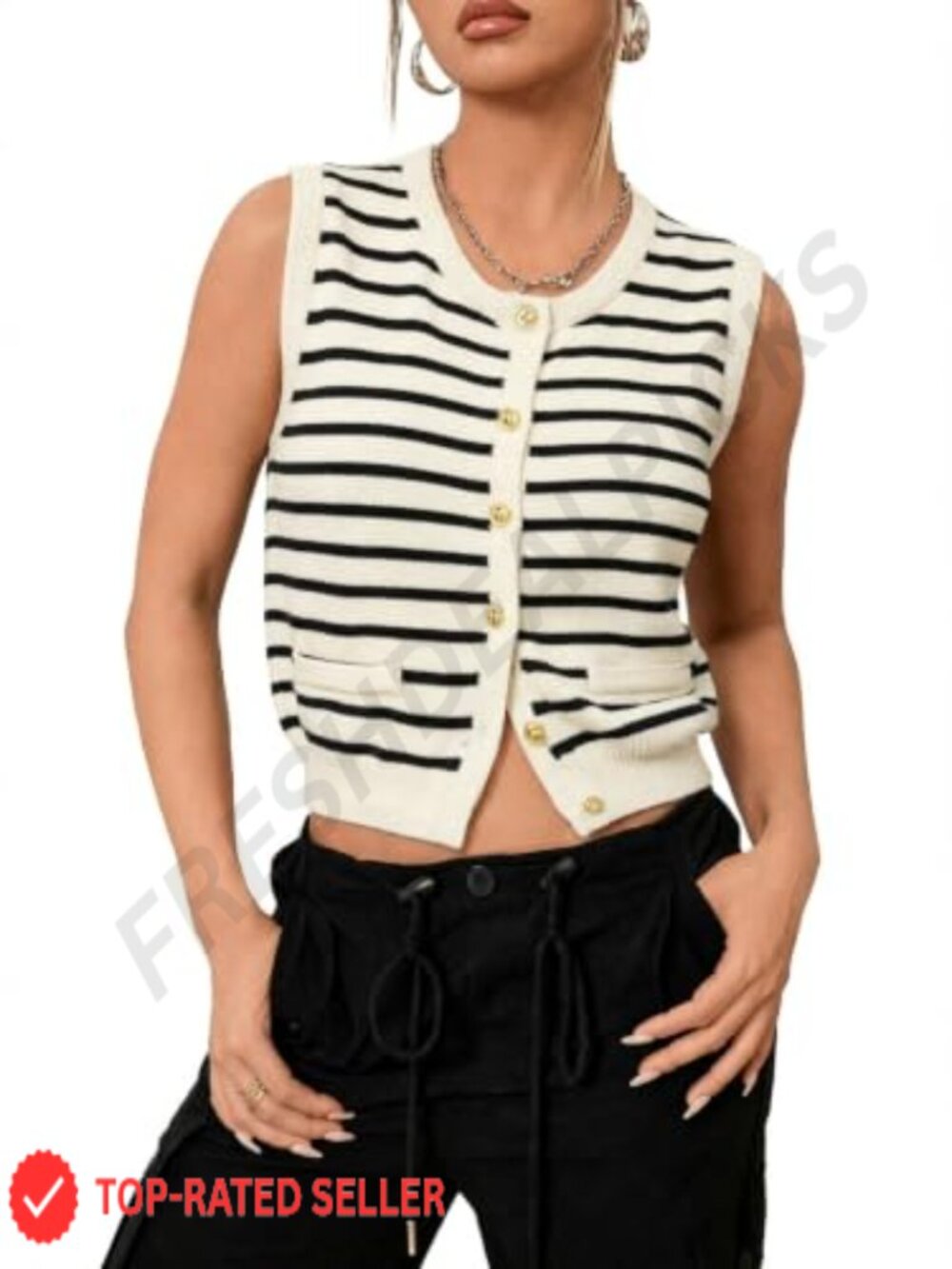Striped Button Down Knit Sweater Vest Crew Neck Sleeveless Business Casual